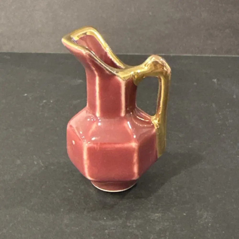 Vintage Set of 4 Mini Pottery Pitchers Colorful Gold Trim Studio Art Style